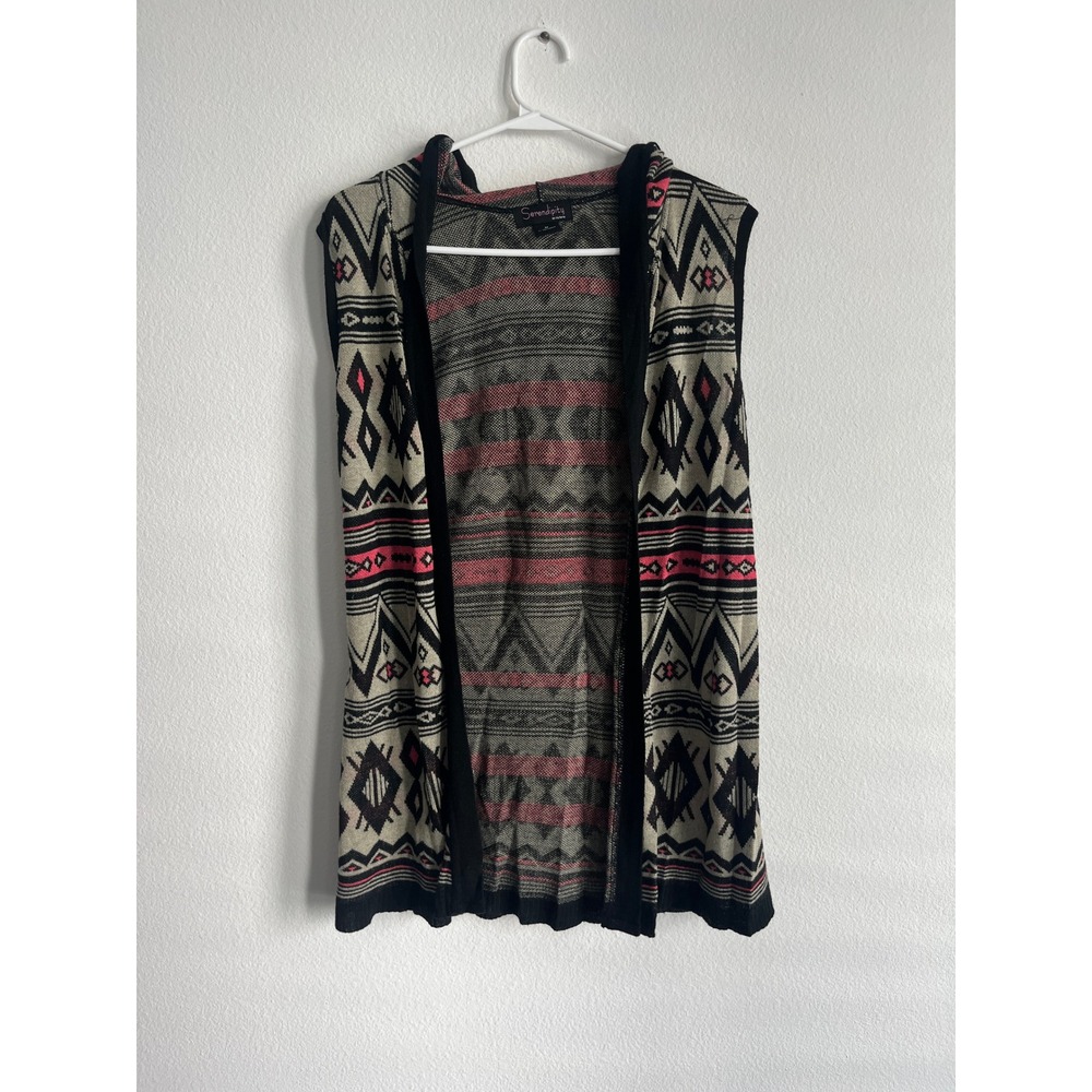 Serendipity by Victoria Womens Medium Southwestern Hooded Knit Vest Cardigan